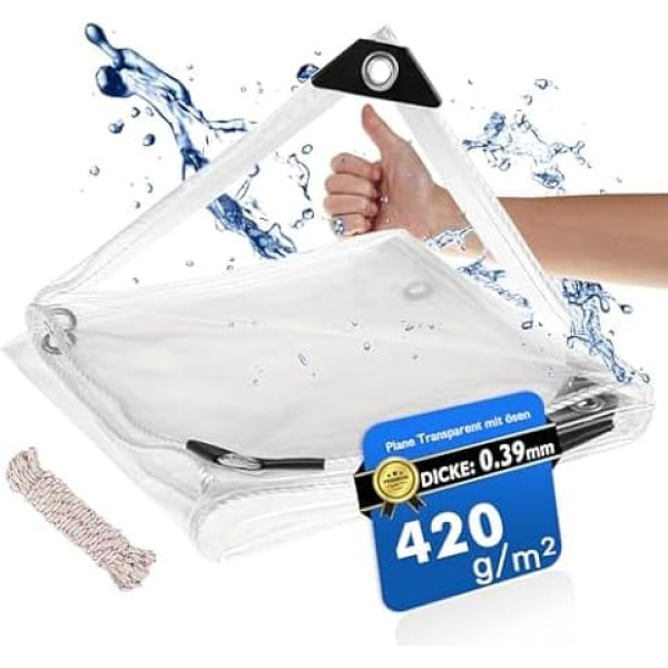 Tarpaulin Transparent with Eyelets 3 x 4 m, Waterproof Tarpaulin with Rope, 420 g/m² PVC Outdoor Curtain for Garden Furniture, Greenhouse, Gazebo, Balcony