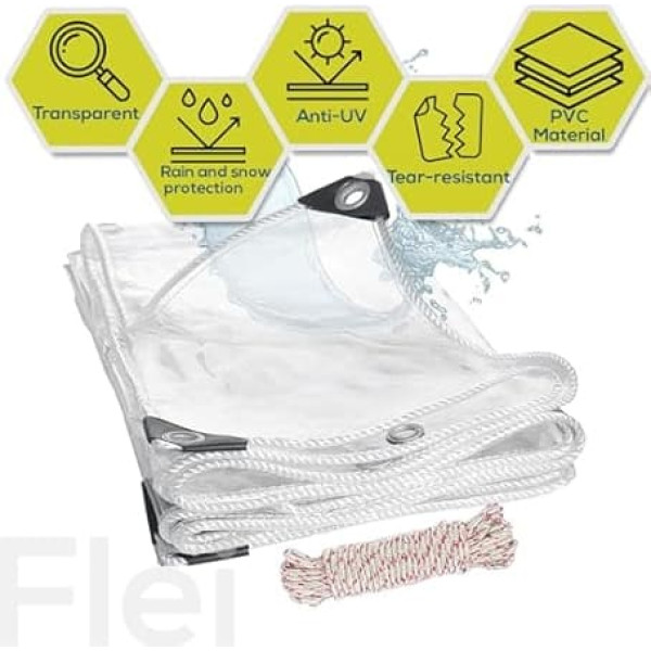 Tarpaulin Transparent with Eyelets 3 x 4 m, Waterproof Tarpaulin with Rope, 420 g/m² PVC Outdoor Curtain for Garden Furniture, Greenhouse, Gazebo, Balcony