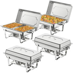 NArra Pack of 4 Chafing Dish Buffet Set, 9 L Chafing Dish Food Warmer Made of Stainless Steel, Catering Serving Rack with Foldable Frame, Full and Half Size Food Pan with Tongs for Weddings, Parties