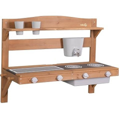roba Mud Kitchen for Children to Hang Up, Functional Outdoor Play Kitchen with Water Dispenser and Accessories, Weatherproof Wood, Varnished Teak Wood