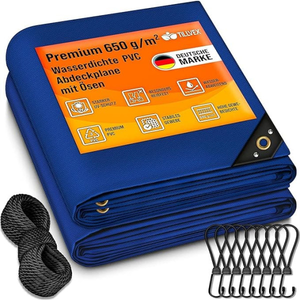 tillvex® Tarpaulin with Eyelets + 10 x Elastic Bands and 15 m Rope, Fabric Tarpaulin 650 g/m² Waterproof and Tear-Resistant, Premium PVC Tarpaulin, Universal Truck, Pool, Wood Garden Furniture, Garden