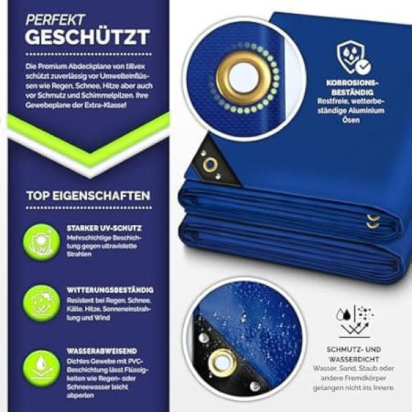 tillvex® Tarpaulin with Eyelets + 10 x Elastic Bands and 15 m Rope, Fabric Tarpaulin 650 g/m² Waterproof and Tear-Resistant, Premium PVC Tarpaulin, Universal Truck, Pool, Wood Garden Furniture, Garden