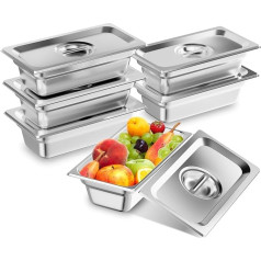 TAIMIKO 6 x Stainless Steel Gastronorm Pan 1/3 GN Saucepan with Lid 100mm Deep Stainless Steel Tray Food Storage Bain Marie Catering Food Pans 1mm Thick with Lids