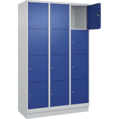 kaiserkraft | 4er-Schließfachschrank Evolo Plus | 3 Abteile | lichtgrau/enzianblau | B 1200 mm | 12 Fächer | mit Bodensockel | Zylinderschloss