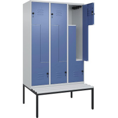 C + P Möbelsysteme C+P | Z-Spind Classic Plus Sitzbank | 3 Abteile | lichtgrau/fernblau | B 1200 mm | Sicherheits-Drehriegel | untergebaut | Kunststoff