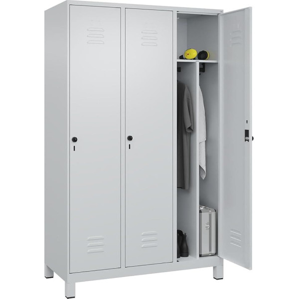 C + P Möbelsysteme C+P | Schwarz-Weiß-Spind Classic Plus | schmal | 3 Abteile | Trennwand verkürzt | lichtgrau | B 1200 mm | mit Füßen | Drehriegel | Trennwand mittig