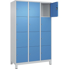 kaiserkraft Evolo Plus 4 Locker Cabinet, 3 Compartments, Light Grey/Light Blue, W 1200 mm, 12 Compartments, with Wide Feet, Cylinder Lock