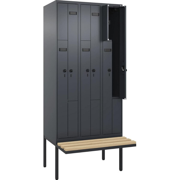 kaiserkraft | Z-Spind Evolo Plus Sitzbank | 3 Abteile | grau | B 900 mm | Sicherheits-Drehriegel | mit auskragender Sitzbank | Buche