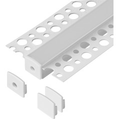 Komplekts: alumīnija profils LED lentēm, 2000 x 55 x 13 mm, iebūvējams vienā līmenī, balts, piena stikla difuzors, 4 kontaktdakšas.