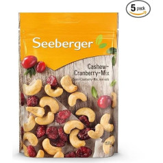 Seeberger Cashew Cranberry Mix Pack of 5, Crisp Natural Cashews with Cranberries - Sweet and Sour Combination - Gluten Free, Vegan (5 x 150 g)