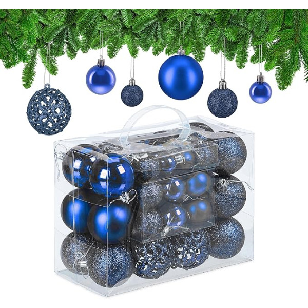 Relaxdays Christmas Baubles Set of 50, Glitter, Matte and Shiny Christmas Tree Baubles, Plastic, Diameter 3, 4 and 6 cm, Blue
