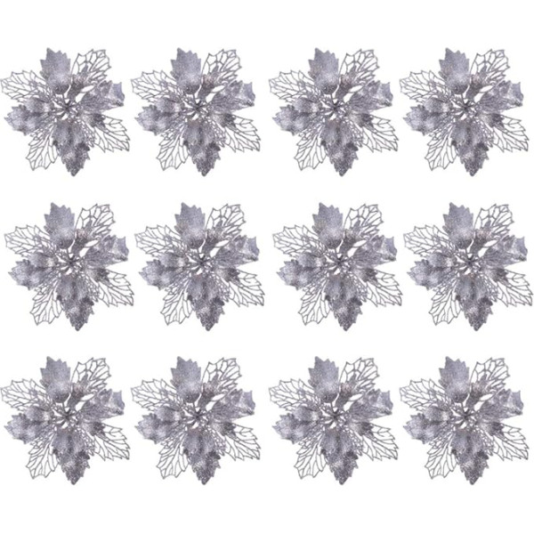 NUOBESTY Pack of 12 Artificial Christmas Flowers Hollow Glitter Poinsettia Flowers Christmas Tree Flowers Decoration DIY Christmas Wreaths Silver