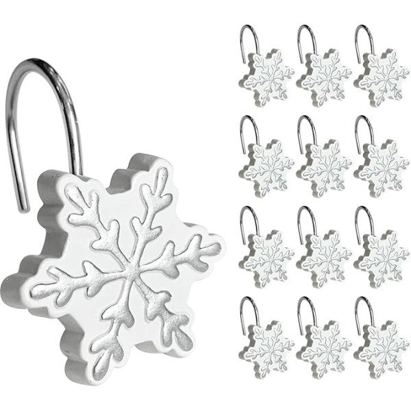 Sunlit Christmas Shower Curtain Hooks Silver Snowflakes Shower Curtain Rings Resin White Christmas Decoration Winter Bathroom Decor - 12 Pack