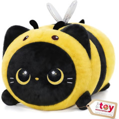Mewaii Black Cat Bee Plush Cushion 40 cm Soft Kawaii Cuddly Toy for Children, Cute Cat Plush Toy, Perfect Cuddly Cushion and Gift