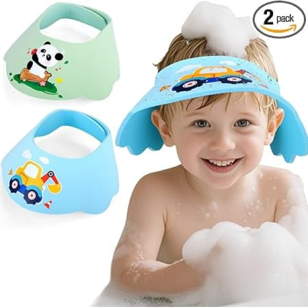 Pack of 2 Children's Shower Caps, Baby Shower Caps, Soft EVA with Adjustable Velcro Fastening, Hair Washing Child Protection, Protection for Eyes, Ears and Nose when Washing Hair (Blue & Green)
