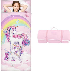 Large Format Children's Sleeping Bag Double Zip Foldable Children's Sleeping Bag with Removable Cushion for Girls Boys Soft Warm Sleeping Bag for Outdoor Indoor Camping 170 x 75 cm