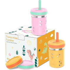Tronco Stainless Steel Toddler Tumbler 10oz Mason Jar Smoothie Cup for Kids with Silicone Sleeves and Leak Proof Flexible Straw BPA Free Dishwasher Safe Snack Cup