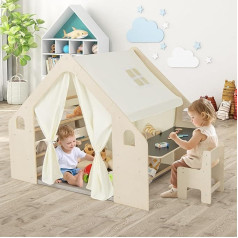 GOPLUS 6-in-1 Children's Tent, Wooden Play Tent with Desk, Chair & Double-Sided Board, Montessori Playhouse with Storage Space, Mat & Curtains, Wooden Play Tent Indoor for Children from 2-6 Years