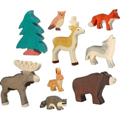 Holztiger 6617 Set Wilder Wald - 9 Spielfiguren aus Holz, Braunbär, Elch, Fuchs, Hase, Wolf, Rehbock, Waschbär, Uhu und Nadelbaum, handbemalte Spielzeugtiere für Kinder, Made in Europe