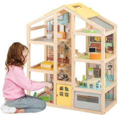 DREAMADE Wooden Doll's House, Dream House with 2 Figures and 18 Furniture Accessories, Dollhouse with Robust Structure & 7 Rooms, Doll Villa for Boys & Girls from 3 Years