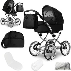 Bergsteiger Venice Nostalgia Pram/Pushchair 3-in-1 Retro Combination Mega Set 10 Pieces Including Baby Seat, Carrycot, Sports Pram And Accessories Black edition