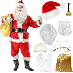 Santa Claus Costume for Men and Women, Santa Wig and Beard Set with Wig, Santa Beard, Christmas Hat, Christmas Glasses, Gloves, Fancy Dress as Santa Claus, Christmas Cosplay