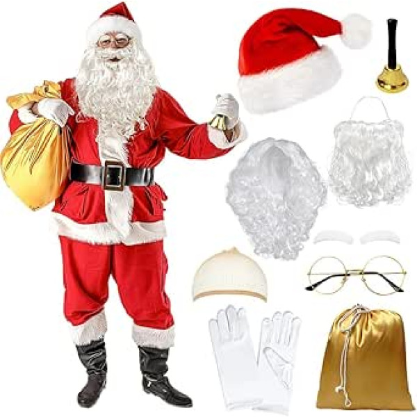 Santa Claus Costume for Men and Women, Santa Wig and Beard Set with Wig, Santa Beard, Christmas Hat, Christmas Glasses, Gloves, Fancy Dress as Santa Claus, Christmas Cosplay