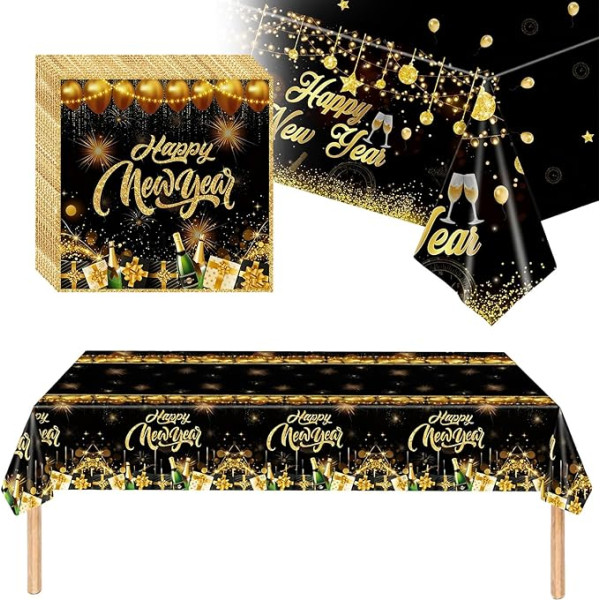 2 Stück Frohes Neues Jahr Tischdecke 137 * 274 cm Kunststoff Schwarz Gold Party Tischdecke Rechteckige Tischdecken Silvester Deko mit 20 Servietten für Neujahrsfest Tischdekoration (Schwarz)