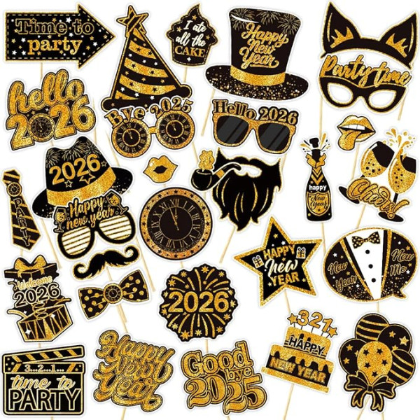 30 Stück goldene 2026 Happy New Year's Eve Party Photo Booth Requisiten Lustige Bunte 2026 Neujahr Party Foto Requisiten Dekoration Supplies (Schwarz Golden)