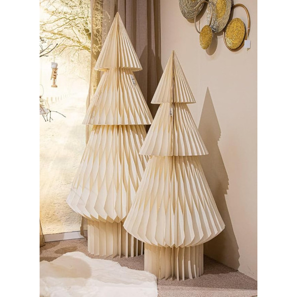 GILDE Dekoobjekt Honeycomb Tannenbaum aus Papier - glitzernd - geometrisches Muster - Creme - Höhe 152cm x Ø 72cm - Weihnachtsdekoration
