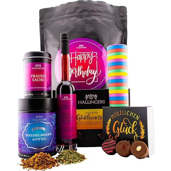 Hallingers Happy Birthday Pink XXL - Birthday Wonder Bag XXL Gift Set Vinegar Spice Coldbrew Tea Chocolates Bar Chocolate (Bag) - Gift in Summer & as a Perfect Barbecue Gift Birthday Glow
