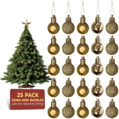 25 Christmas Tree Baubles in Gold - 25 mm Mini Shatterproof Decorative Hanging Ornaments Balls for Christmas | Shiny, Matte and Glittery Pendants for Christmas Holiday or Party Decor