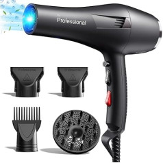 HappyGoo Hair Dryer Ion Professional Hair Dryer Hair Dryer with 1 Diffuser, 2 Styling Nozzles, 3 Heating and 2 Speed Levels, 2.5 Metre Long Power Cable, Strong Hair Dryer for Family (Black)