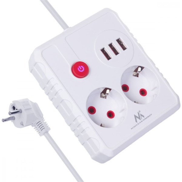 Barošanas lente, mce388 w 2 rozetes, 3xusb, 110-240v maiņstrāva 50/60hz, 2.1a max 2500w, 3m balta