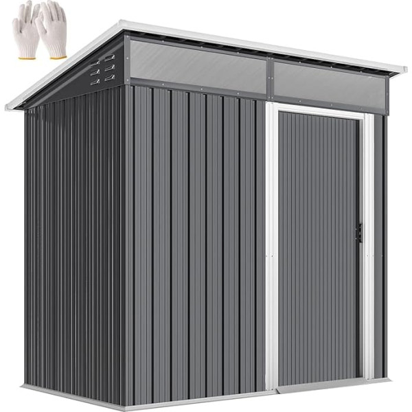 Outsunny Metal Tool Shed 1.9 m² 195 x 122 x 182 cm Garden Shed with Window Base Sliding Door Pent Roof Hook Weatherproof Garden Shed with Gloves Outdoor Tool Shed for Garden Dark Grey