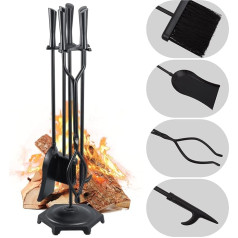 FEED GARDEN Fireplace Tools Set of 5 Modern 81.3 cm Outdoor Wrought Iron Fireplace Accessories Set with Wooden Holder Poker, Tongs, Shovel, Brush, Base, Black
