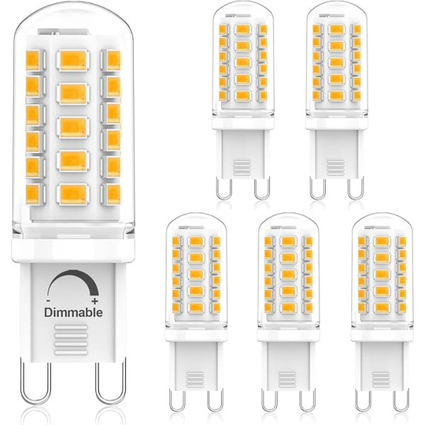 G9 LED Warm White Dimmable 2700K 3W Replacement 40W-50W Halogen Bulb, 500LM, AC220V-240V, No Flickering, LED G9 Light Bulb, Warm White, Pack of 6