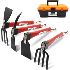 TOOLUTION Garden Tools Set with Tool Box - 4 Piece Heavy Duty Garden Tools Set with Hoe, Rake, Shovel and Fork, Non-Slip Handles for Digging, Weeding and Planting