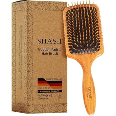 SHASH Handmade in Germany since 1869, sustainable wooden paddle brush, detangles, styles, smooths and nourishes the hair, minimises frizz and breakage, safe for all hair types, wet or dry
