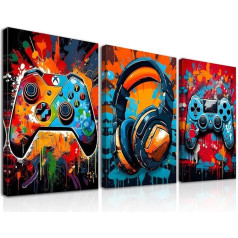 Dazzlewall 3 x Framed Game Wall Art Prints Graffiti Gamepad Headphones Painting Pictures, Cool Video Poster for Teenagers Boys Dormitory Playroom Decor 12 x 16 Inches