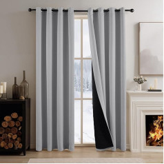 PONY DANCE Thermal Curtain Against Cold, Thermal Protection Curtain, Darkening Eyelet Curtain, Living Room Curtains with Eyelets, Thick Blackout Curtains, Set of 2, H 210 x W 140 cm, Silver Grey