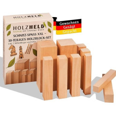 HOLZHELD Carving Wood for Children - 10 Piece Set of Basswood for Carving - XXL Carving Figures Blank for Children - Carving Blanks for Beginners, Linden Carving Wood Includes 2 x Pen Blank