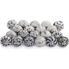 Shah Crafts Handmade Ceramic Knobs for Cabinet Doors, Kitchen, Bathroom, Office, Vintage Knobs with Wrench, Screw Lock and Extra Screws (20 Pieces Grey and White)
