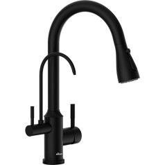 APPASO 3-Way Kitchen Tap, Black, without Water Filter, 3-in-1 Mixer Tap Kitchen for Water Filter, 2 Levers 360° Rotating Tap Kitchen, Drinking Water Tap with Extendable Hand Shower