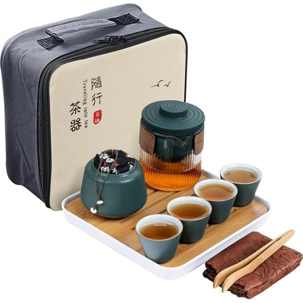 fanquare Japanese Portable Travel Tea Set for Adults, Green Chinese Tea Set Made of Porcelain, Vintage Tea Set for Gifts Men