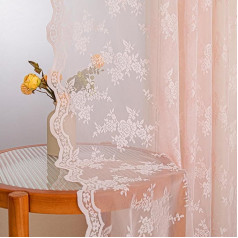 MYSKY HOME Curtain Made of Lace Flowers Embroidered Lace Curtains, Curtains with Ruffle Tape, Transparent Curtains, Set of 2, Modern Decorative Curtain for Living Room, Bedroom, Light Pink, H 245 x W