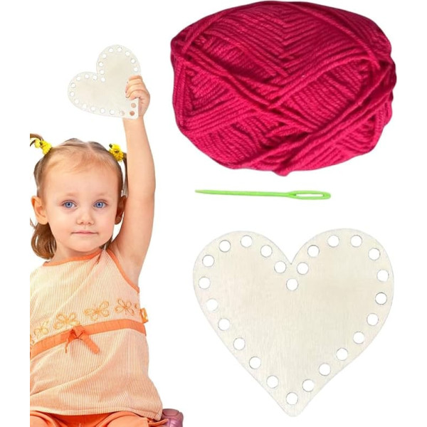 ccuzs Heart Shaped Wooden Crochet Basket Set, Craft Weaving Basket Bottom with Cotton Thread and Needle, Wooden Craft Set for Valentine's Day and Mother's Day Decorations, Home and Gift Use