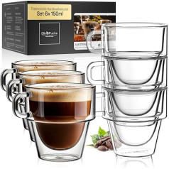 ElbFuchs® Espresso Cup Set [6 x 150 ml] Stackable Space Miracle Espresso Glasses Double-Walled with Handle Thermal Glasses Double-Walled Ideal as Espresso Coffee Glasses Mocha Cups