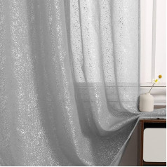 Kotile Silver Grey Mesh Curtains for Living Room, Metallic Silver Glitter Voile Curtains 90 Inch Case, Light Filtering Privacy Grey Voile Window Curtain Panels, 2 Panels, Silver Grey