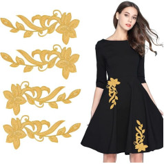 letsinstyle Pack of 4 Golden Flowers Sequins Embroidery Appliques Long Metallic Flowers Embroidery Patches Flower Applique for Sewing on Embellishments